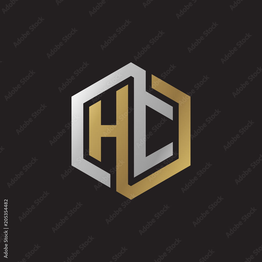 Initial letter HC, looping line, hexagon shape logo, silver gold color on black background Initial letter HC, looping line, hexagon shape logo, silver gold color on black background