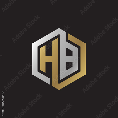 Initial letter HB, looping line, hexagon shape logo, silver gold color on black background
