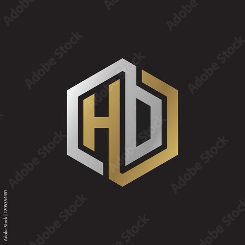 Initial letter HD, HO, looping line, hexagon shape logo, silver gold color on black background