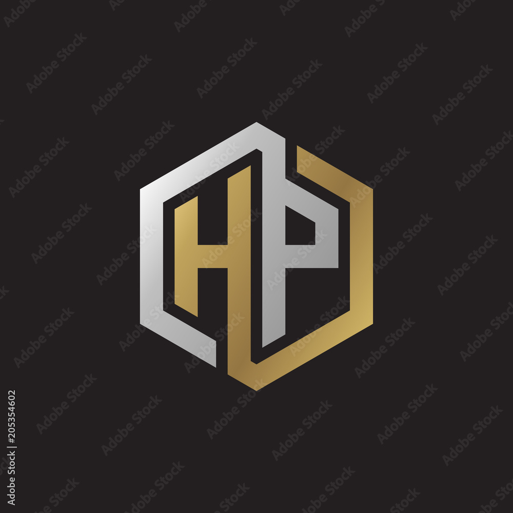Initial letter HP, looping line, hexagon shape logo, silver gold color on black background Initial letter HP, looping line, hexagon shape logo, silver gold color on black background