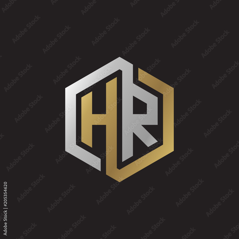 Initial letter HR, looping line, hexagon shape logo, silver gold color on black background Initial letter HR, looping line, hexagon shape logo, silver gold color on black background