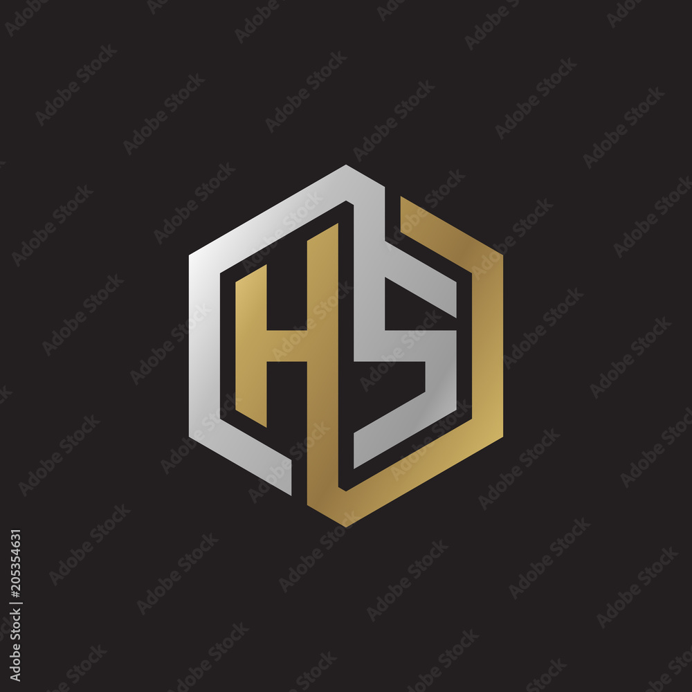 Initial letter HS, looping line, hexagon shape logo, silver gold color on black background Initial letter HS, looping line, hexagon shape logo, silver gold color on black background
