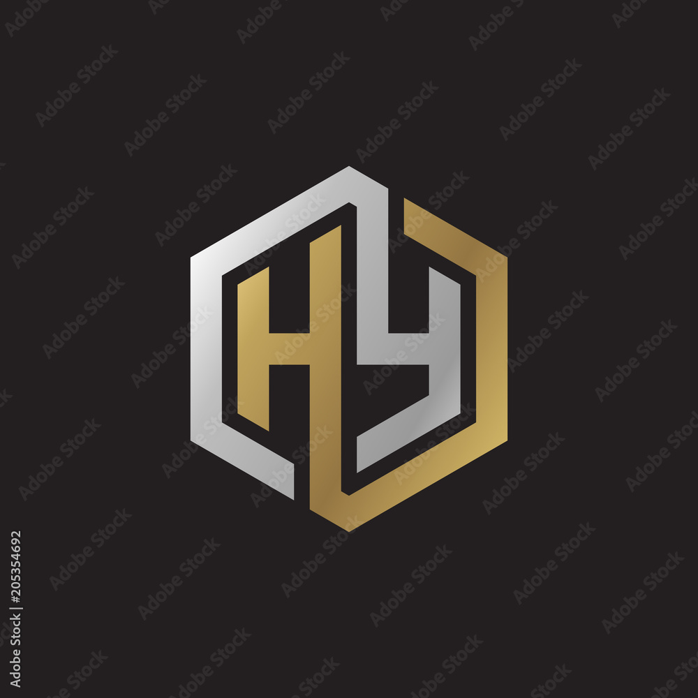 Initial letter HY, looping line, hexagon shape logo, silver gold color on black background Initial letter HY, looping line, hexagon shape logo, silver gold color on black background