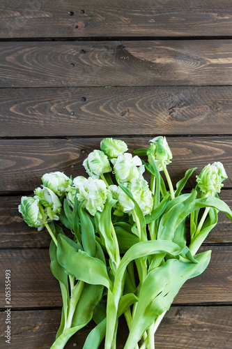 White tulips on wooden table. Isolated.