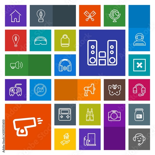 Modern, simple, colorful vector icon set with house, leather, work, communication, war, gun, sign, sound, office, location, stereo, headset, clothing, home, pin, weapon, player, music, bag, play icons