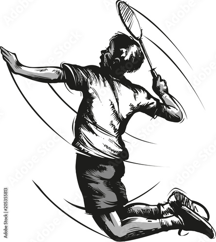 Vector illustration, sketch or drawing badminton player in action.