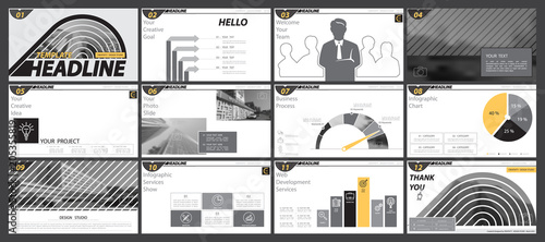 Black and white, yellow, presentation template, white background. Creative Set of Infographic Elements.Presentation,leaflet and flyer,corporate report,marketing,phone, advertising,annual report,vector