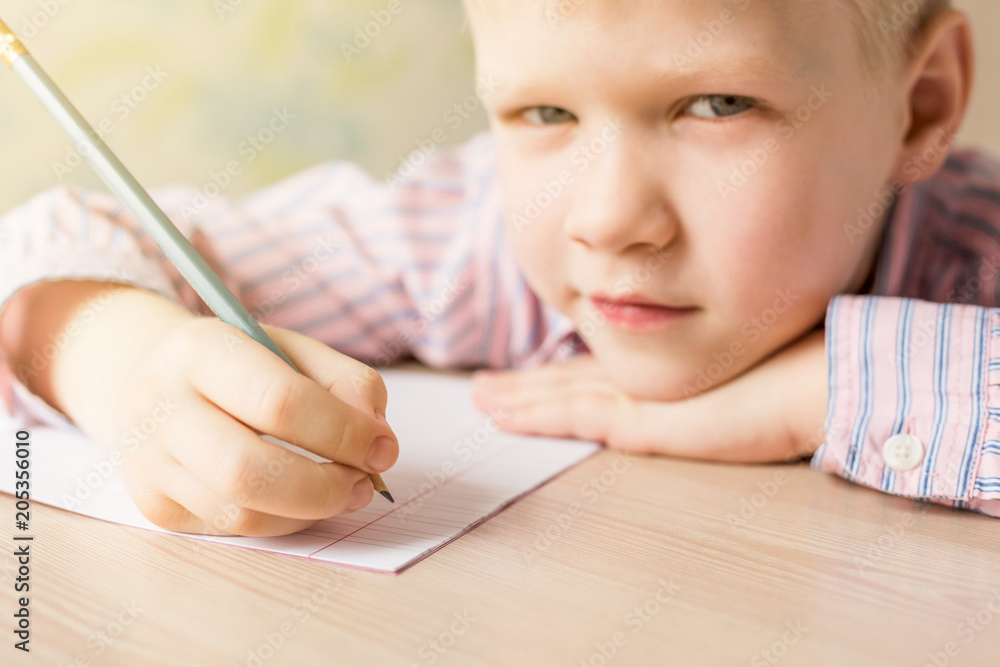 Cute little boy writing in notebook and looking at the camera. Kid doing his homework. Cute little boy writing in notebook and looking at the camera. Kid doing his homework.