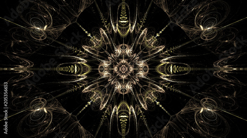 Abstract intricate symmetrical golden ornament. Fantastic fractal mandala. Psychedelic digital art. 3D rendering.