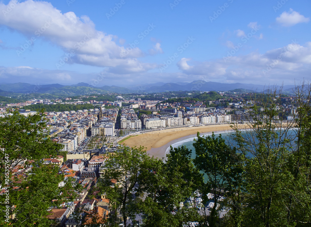 Panoramic view of Concha Bay and Concha Beach from Monte Urgull at sunny day San Sebastian (Donostia), Basque Country, Guipuzcoa. Spain.