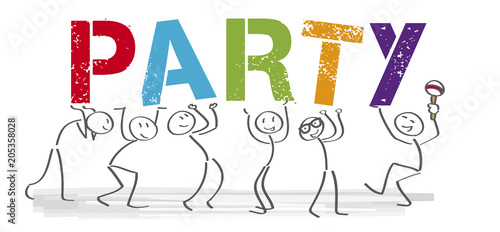 Party - Strichmännchen halten das Wort Party