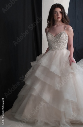 Young bride wearing wedding dress bride ivory lace bodice decorated with beads, tulle skirt with ruffles