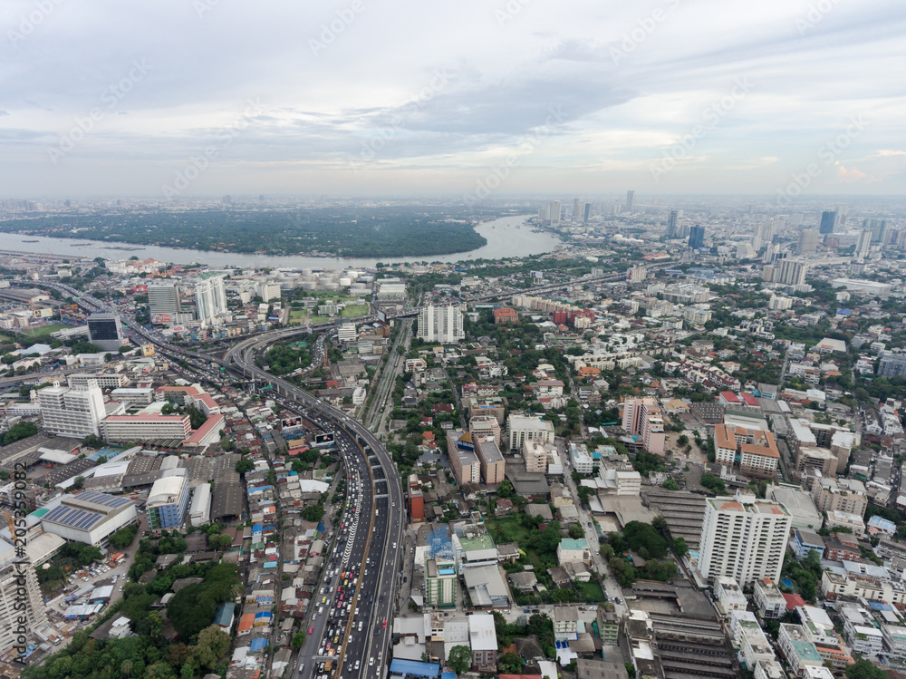 Aerial view of traffic jam in urban city.