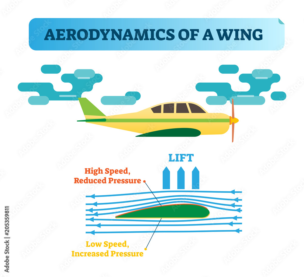 How the wing flies? Aerodynamics of a wing - air flow diagram with wind flow arrows and wing shape that creates air pressure difference. Physics law in aviation.