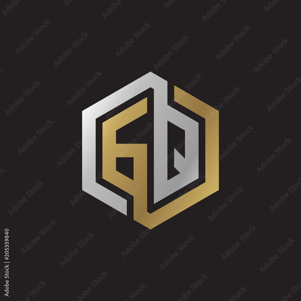 Initial letter GQ, looping line, hexagon shape logo, silver gold color on black background Initial letter GQ, looping line, hexagon shape logo, silver gold color on black background