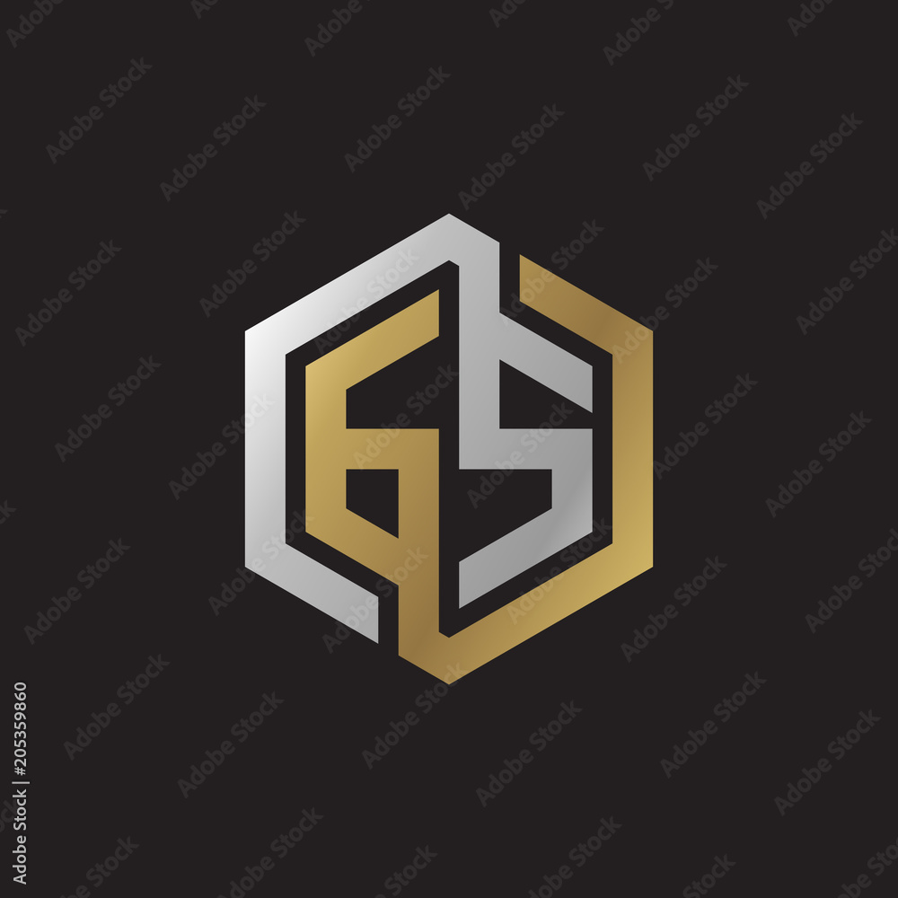 Initial letter GS, looping line, hexagon shape logo, silver gold color on black background Initial letter GS, looping line, hexagon shape logo, silver gold color on black background