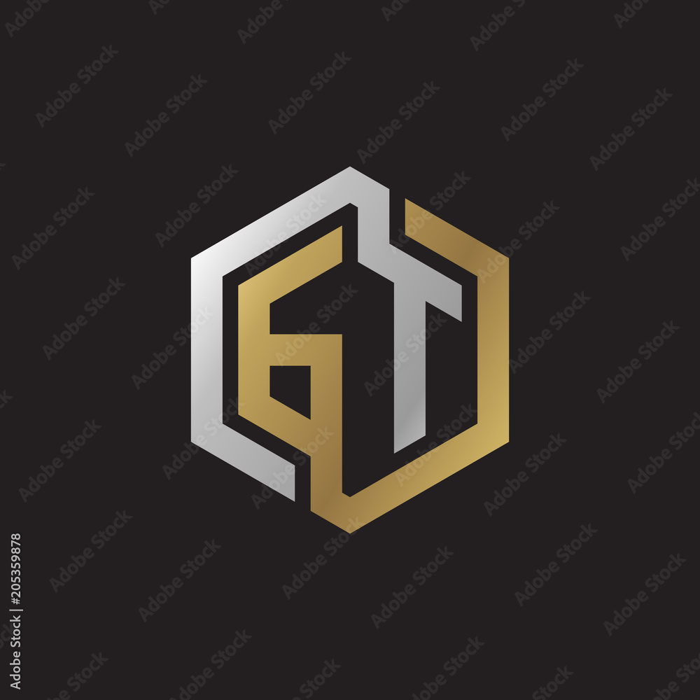 Initial letter GT, looping line, hexagon shape logo, silver gold color on black background Initial letter GT, looping line, hexagon shape logo, silver gold color on black background