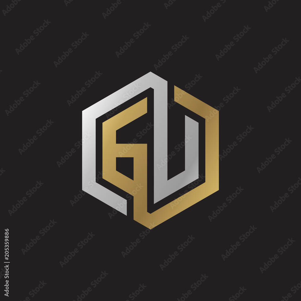 Initial letter GU, looping line, hexagon shape logo, silver gold color on black background Initial letter GU, looping line, hexagon shape logo, silver gold color on black background