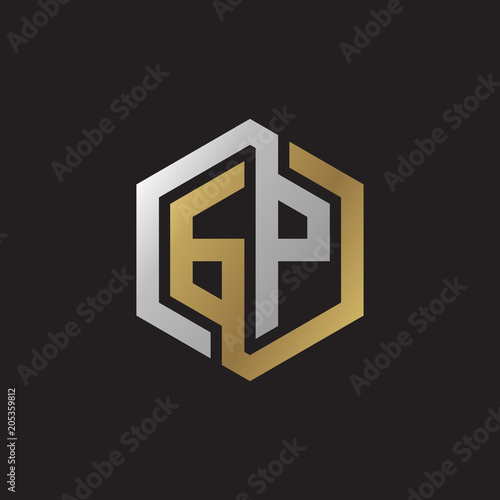 Initial letter GP, looping line, hexagon shape logo, silver gold color on black background