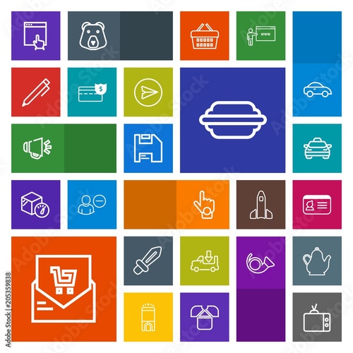 Modern, simple, colorful vector icon set with truck, knight, mouse, list, website, transportation, taxi, id, sign, speaker, identity, supermarket, sword, bill, television, hamburger, internet icons