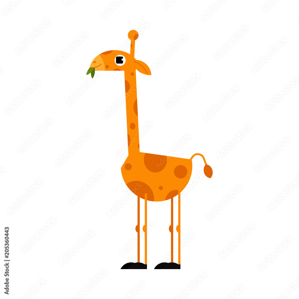 Naklejka premium Cute giraffe cartoon character with long neck standing and eating leaves isolated on white background. Side view of funny comic yellow african animal with spots, vector illustration.