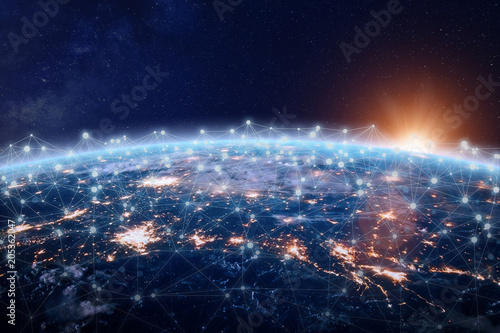 Global world telecommunication network connected around planet Earth, internet technology photo