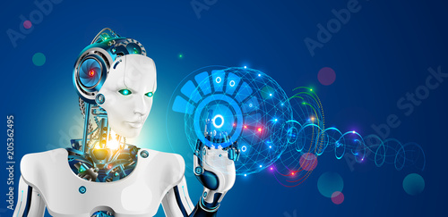 Robot with artificial intelligence. Wise cyborg with higher or supreme mind working on abstract hud virtual interface. Future science concept. Industrial revolution 4.0