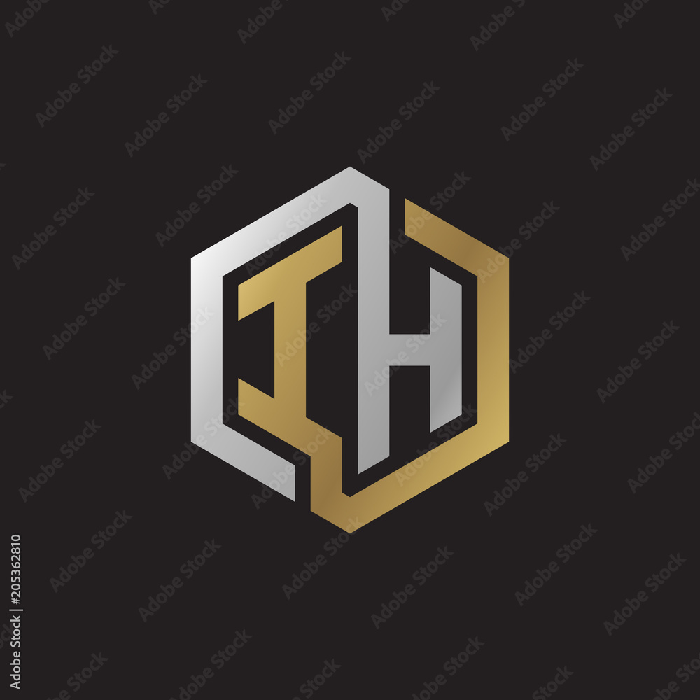 Initial letter IH, looping line, hexagon shape logo, silver gold color on black background Initial letter IH, looping line, hexagon shape logo, silver gold color on black background