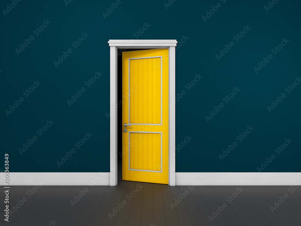 Opened door in a blue room. Chromatic image. 3d Illustration Opened door in a blue room. Chromatic image. 3d Illustration