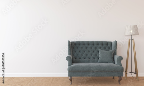 Empty interior with white wall, sofa and lamp