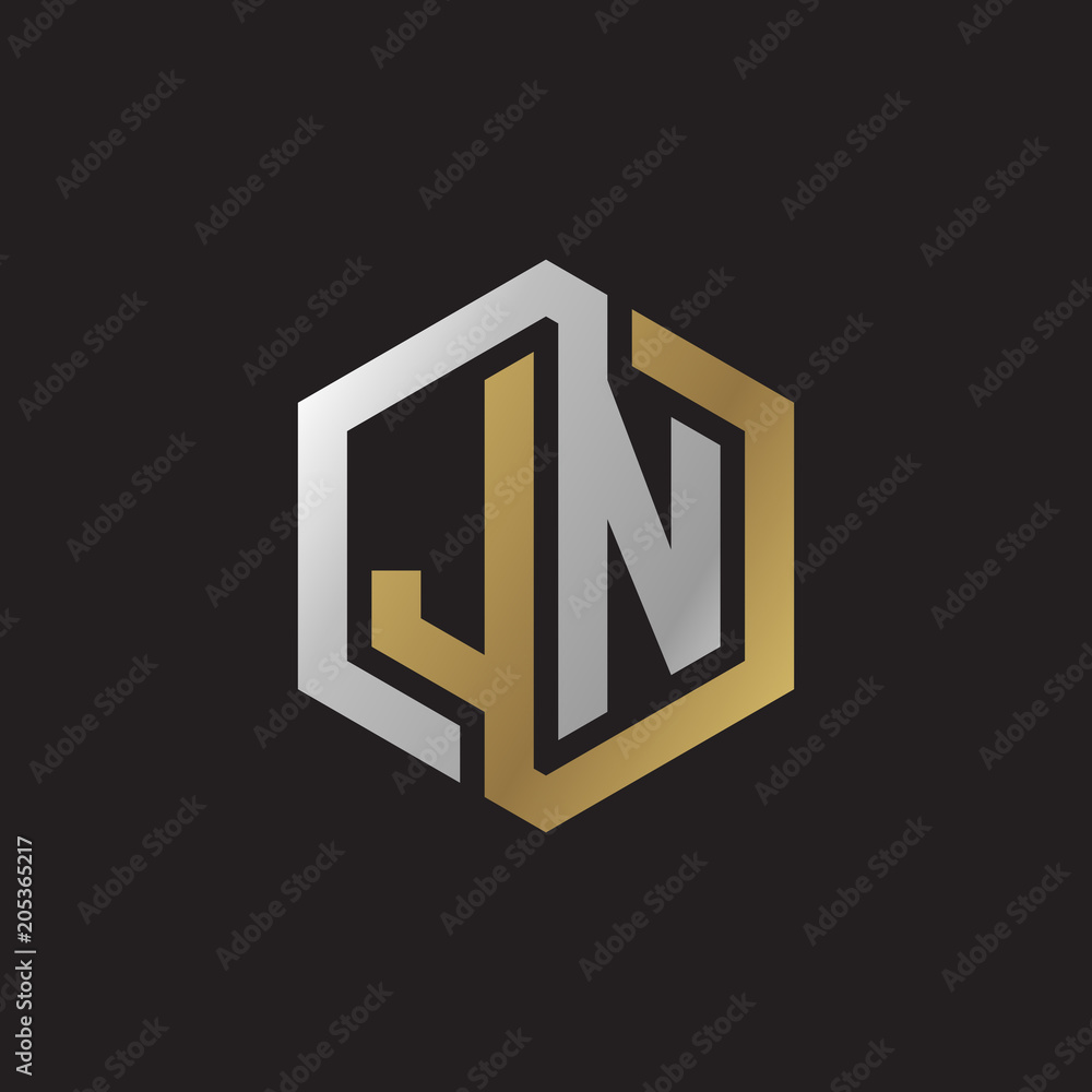 Initial letter JN, looping line, hexagon shape logo, silver gold color on black background Initial letter JN, looping line, hexagon shape logo, silver gold color on black background