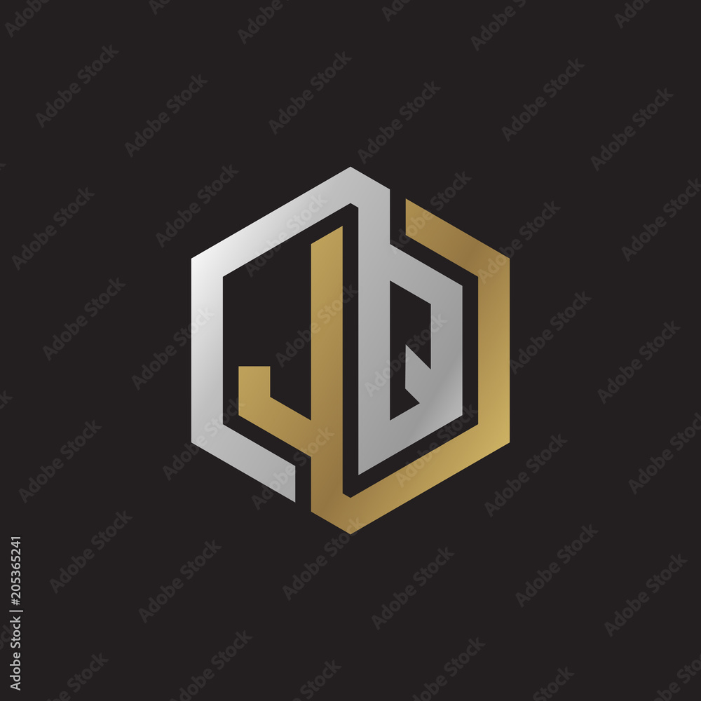 Initial letter JQ, looping line, hexagon shape logo, silver gold color on black background Initial letter JQ, looping line, hexagon shape logo, silver gold color on black background