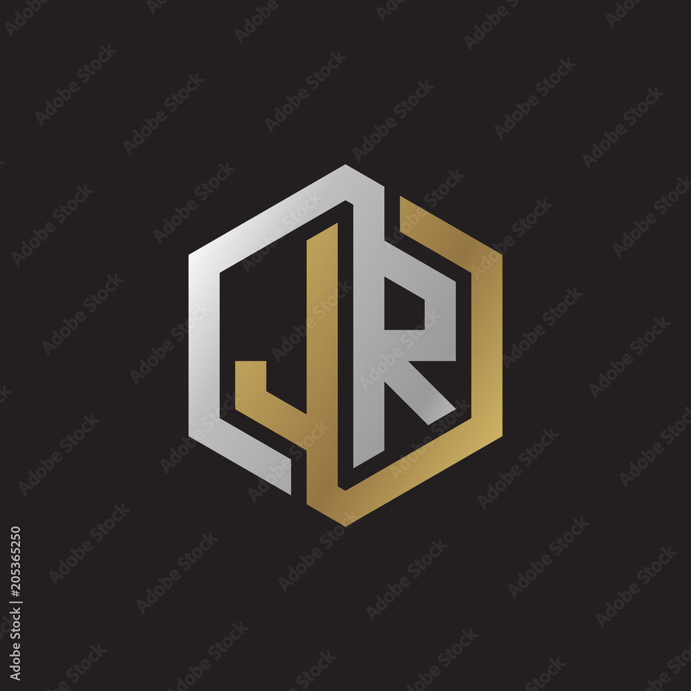 Initial letter JR, looping line, hexagon shape logo, silver gold color on black background Initial letter JR, looping line, hexagon shape logo, silver gold color on black background