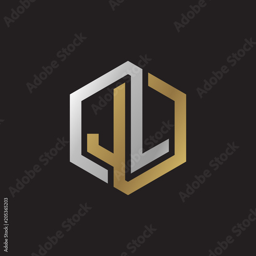 Initial letter JL, looping line, hexagon shape logo, silver gold color on black background