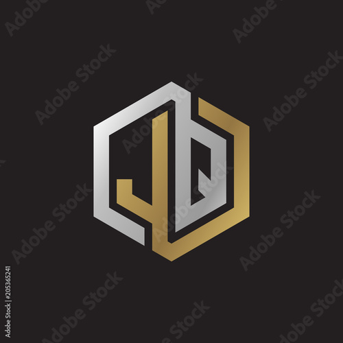 Initial letter JQ, looping line, hexagon shape logo, silver gold color on black background