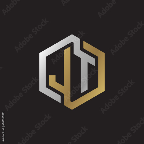 Initial letter JT, looping line, hexagon shape logo, silver gold color on black background