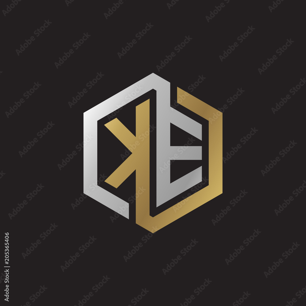 Initial letter KE, looping line, hexagon shape logo, silver gold color on black background Initial letter KE, looping line, hexagon shape logo, silver gold color on black background