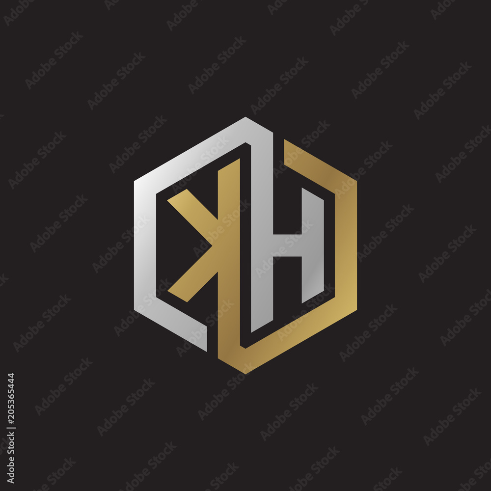 Initial letter KH, looping line, hexagon shape logo, silver gold color on black background Initial letter KH, looping line, hexagon shape logo, silver gold color on black background