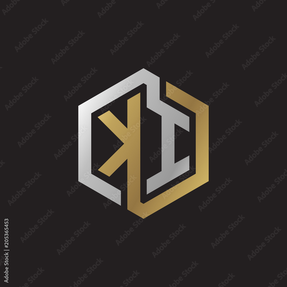 Initial letter KI, looping line, hexagon shape logo, silver gold color on black background Initial letter KI, looping line, hexagon shape logo, silver gold color on black background
