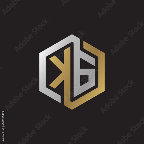 Initial letter KG, looping line, hexagon shape logo, silver gold color on black background