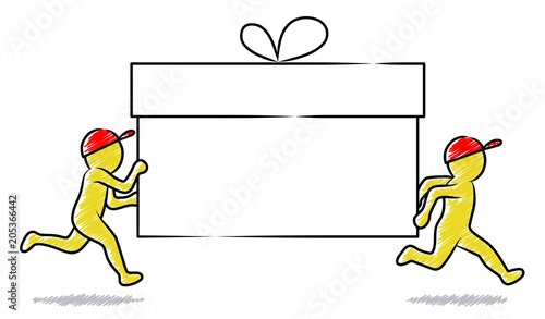 Schnelle Lieferung: Gelbe Strichmännchen bringen große Paketbox mit Textfreiraum / Schraffierte Vektor-Zeichnung