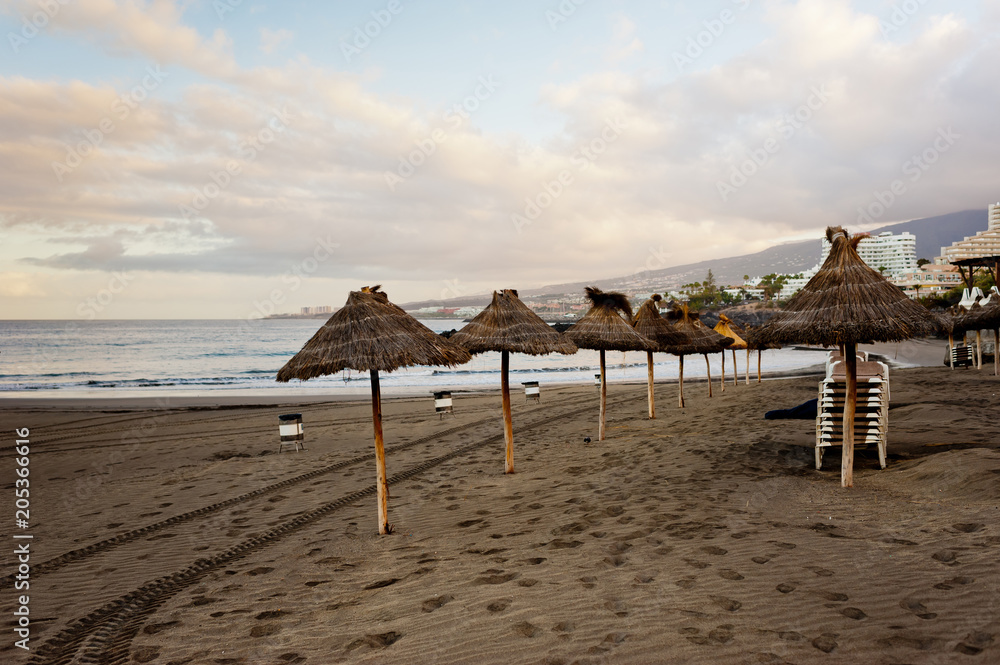 Sandy beach with sun umbrellas at sunset. Tenerife island.