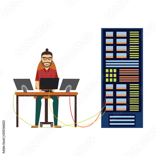 Modern IT specialist man in glasses installing software in computer server rack at data center, database icon. Hardware information storage, internet cloud computing symbol. Vector flat illustration.