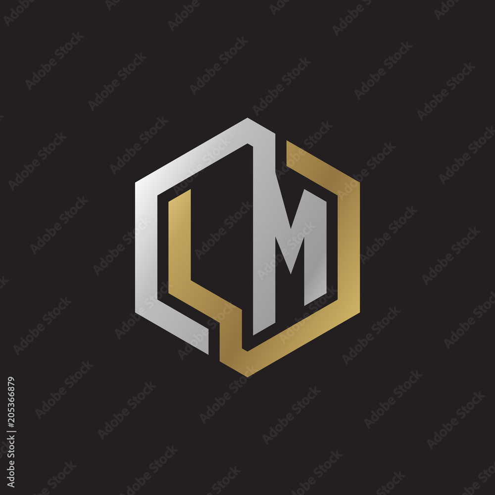 Initial letter LM, looping line, hexagon shape logo, silver gold color on black background Initial letter LM, looping line, hexagon shape logo, silver gold color on black background