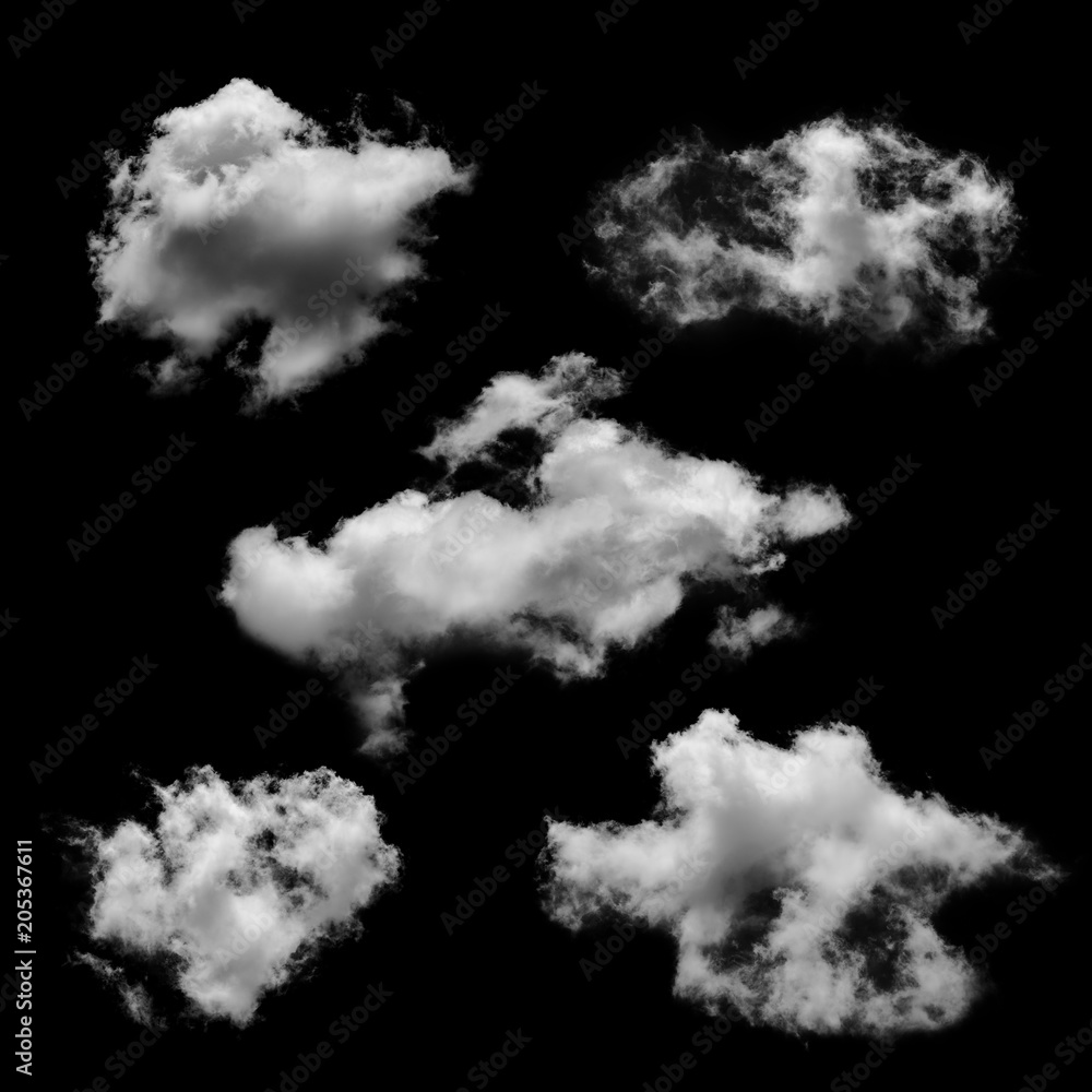 Set of White cloud isolated on a black background realistic cloud Set of White cloud isolated on a black background realistic cloud