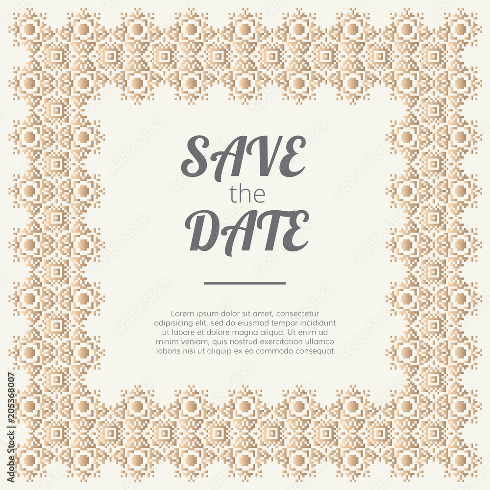 Save the Date invitation. Wedding card with golden ornate frame. Save the Date invitation. Wedding card with golden ornate frame.