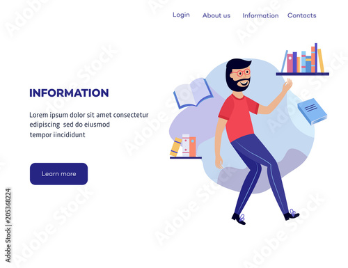 Man in information surroundings - smiling flat cartoon male character flying in environment of books and notebooks isolated on white background. Vector illustration for website banner.