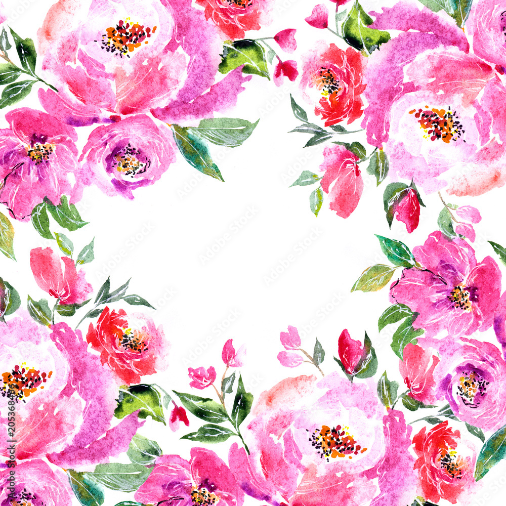 Watercolor floral frame. Pink peonies border. Painting flowers. 
