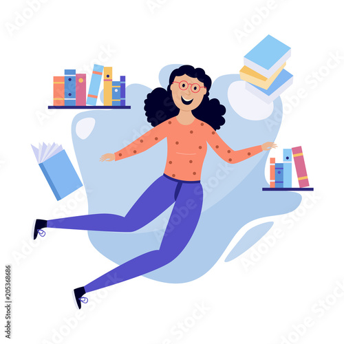 Young cheerful woman in casual clothing flying in blue cloud with a lot of book, papers and documents. Accessibility of information concept. Female happy girl reading and studying. Vector illustration