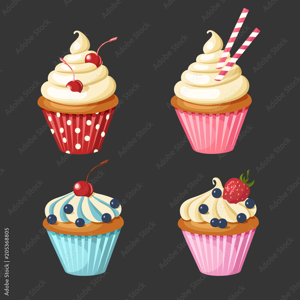 Set of sweet cupcakes. Vector pastries decorated with cherry, strawberries, blueberries, sweets. Food design